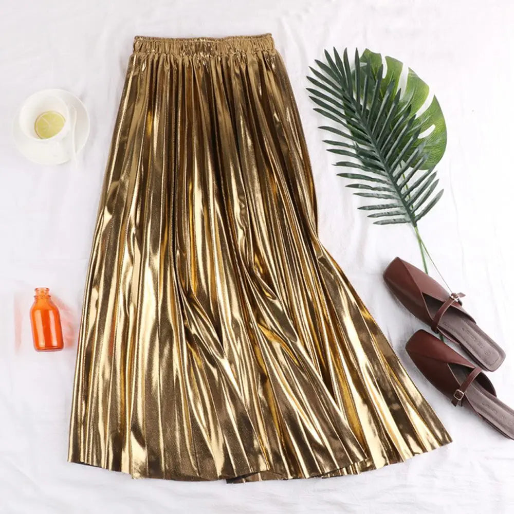Elegant Women Midi Skirt High Waist Black Silver Gold Solid Color Pleated Skirt