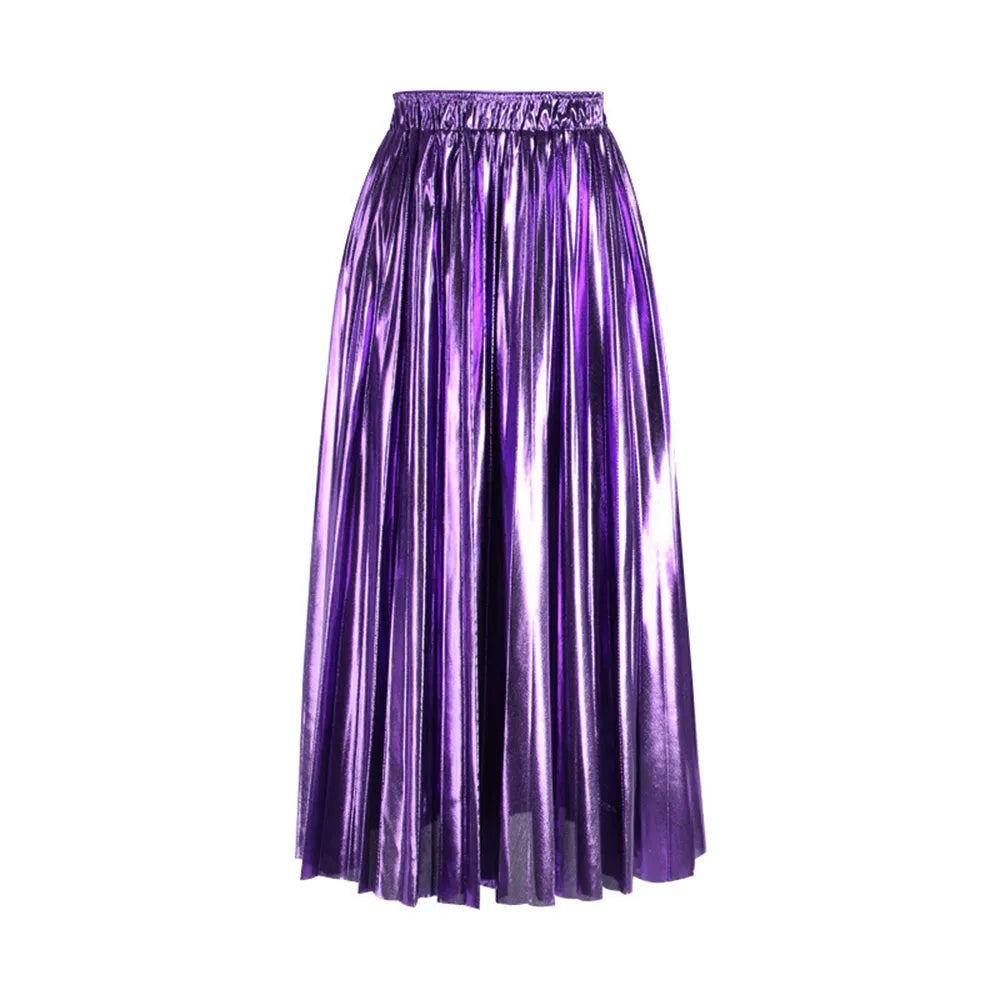 Elegant Women Midi Skirt High Waist Black Silver Gold Solid Color Pleated Skirt Dark Purple Waist 58-100cm