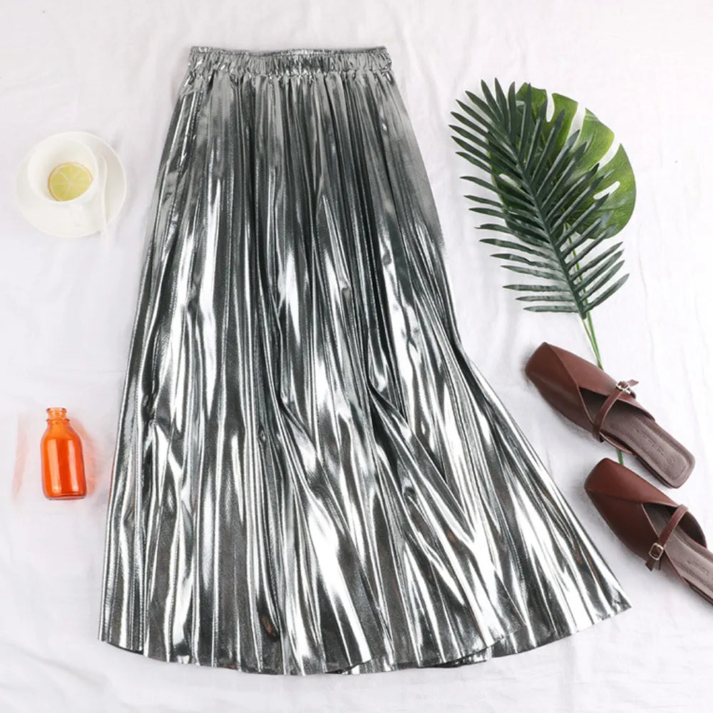 Elegant Women Midi Skirt High Waist Black Silver Gold Solid Color Pleated Skirt Silver Waist 58-100cm