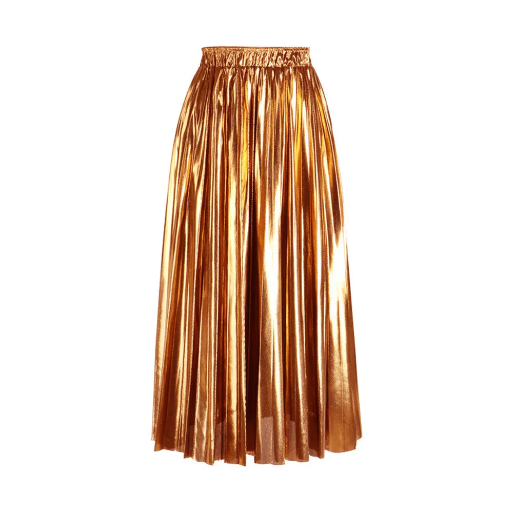 Elegant Women Midi Skirt High Waist Black Silver Gold Solid Color Pleated Skirt Orange Waist 58-100cm