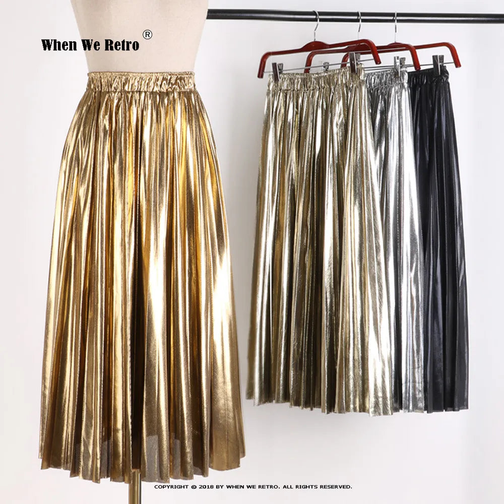 Elegant Women Midi Skirt High Waist Black Silver Gold Solid Color Pleated Skirt