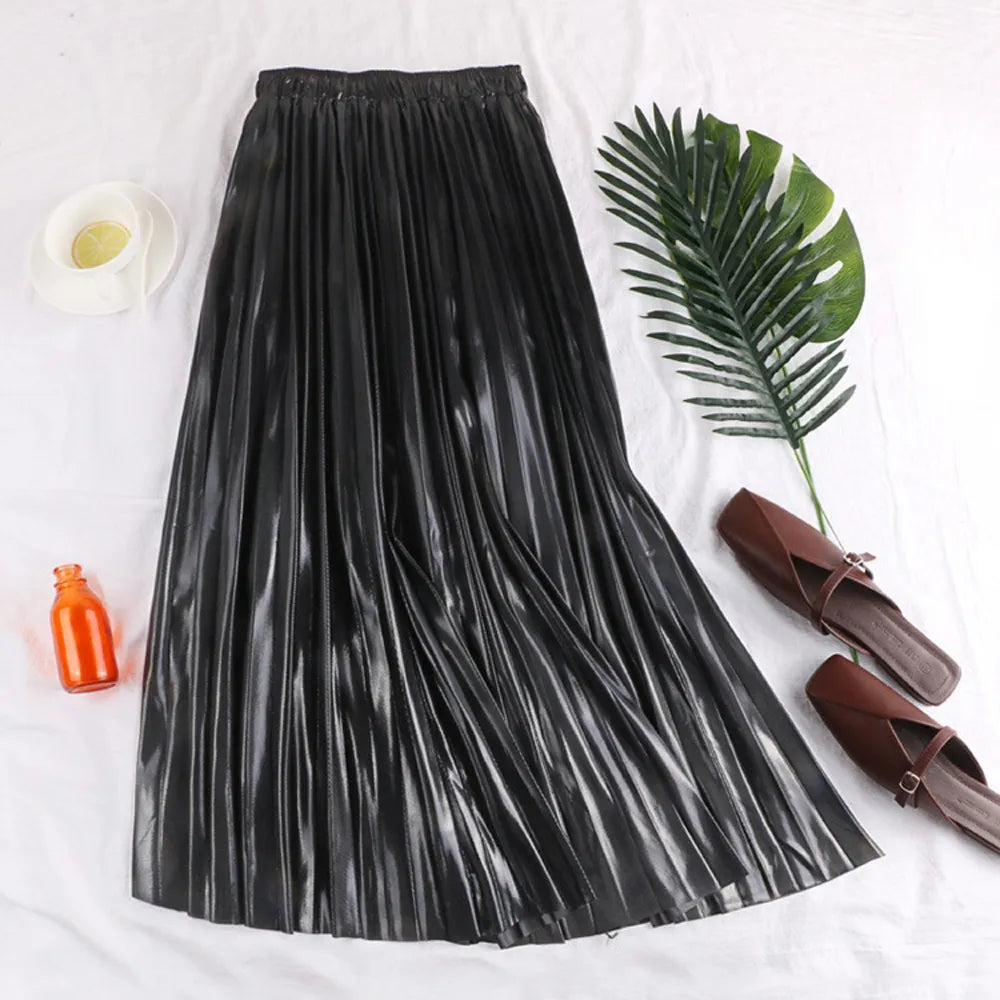 Elegant Women Midi Skirt High Waist Black Silver Gold Solid Color Pleated Skirt black Waist 58-100cm
