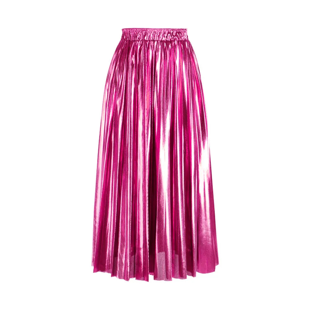 Elegant Women Midi Skirt High Waist Black Silver Gold Solid Color Pleated Skirt Rose Red Waist 58-100cm