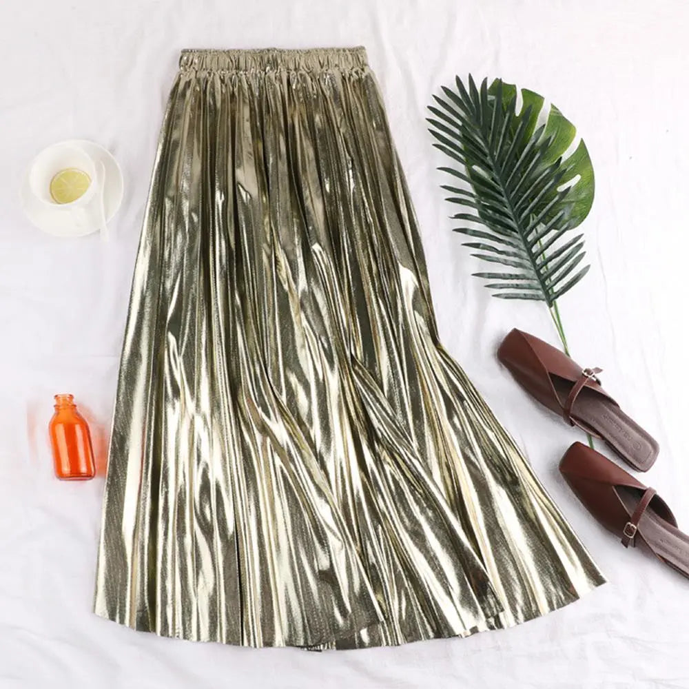 Elegant Women Midi Skirt High Waist Black Silver Gold Solid Color Pleated Skirt champagne Waist 58-100cm