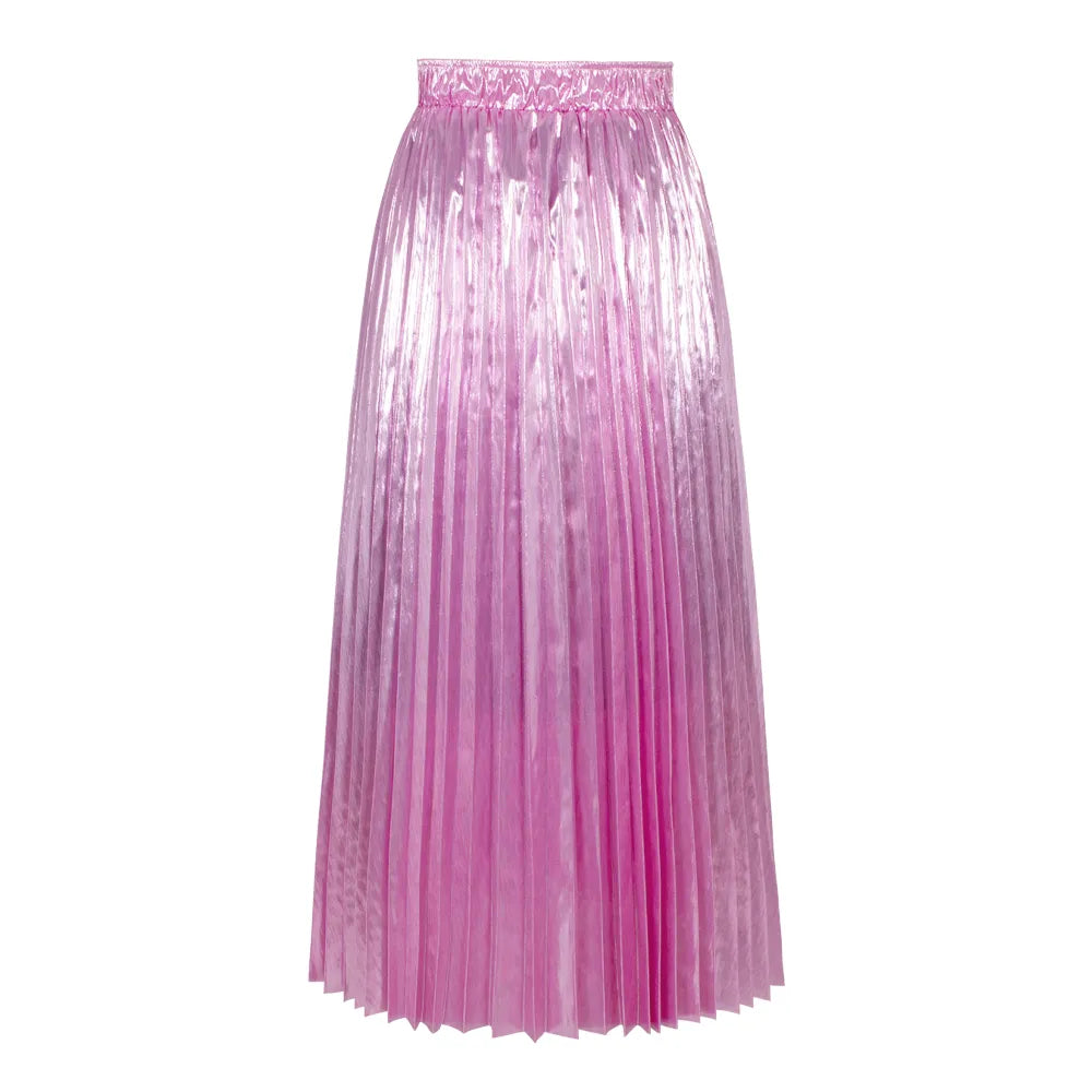 Elegant Women Midi Skirt High Waist Black Silver Gold Solid Color Pleated Skirt Pink Waist 58-100cm