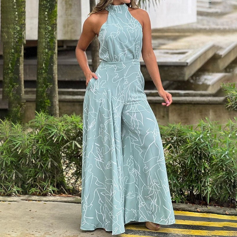 Elegant Women Sleeveless Jumpsuits Sexy Halterneck Long Rompers Wide Leg Pants Fashion Printed Bodysuit Jumpsuit Lady Outfit Blue