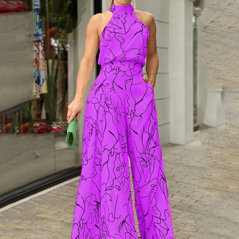 Elegant Women Sleeveless Jumpsuits Sexy Halterneck Long Rompers Wide Leg Pants Fashion Printed Bodysuit Jumpsuit Lady Outfit Purple