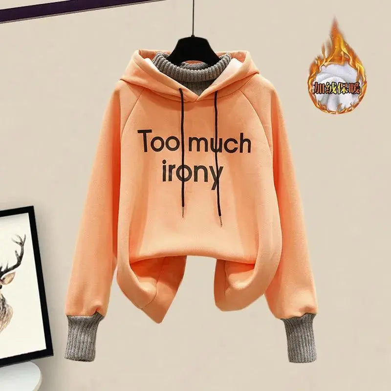 Elegant Women's Pants Set Winter New Korean Thickening Sports Hoodie Casual Cotton Tank Top Flocked Trousers Three Piece orange hoodie