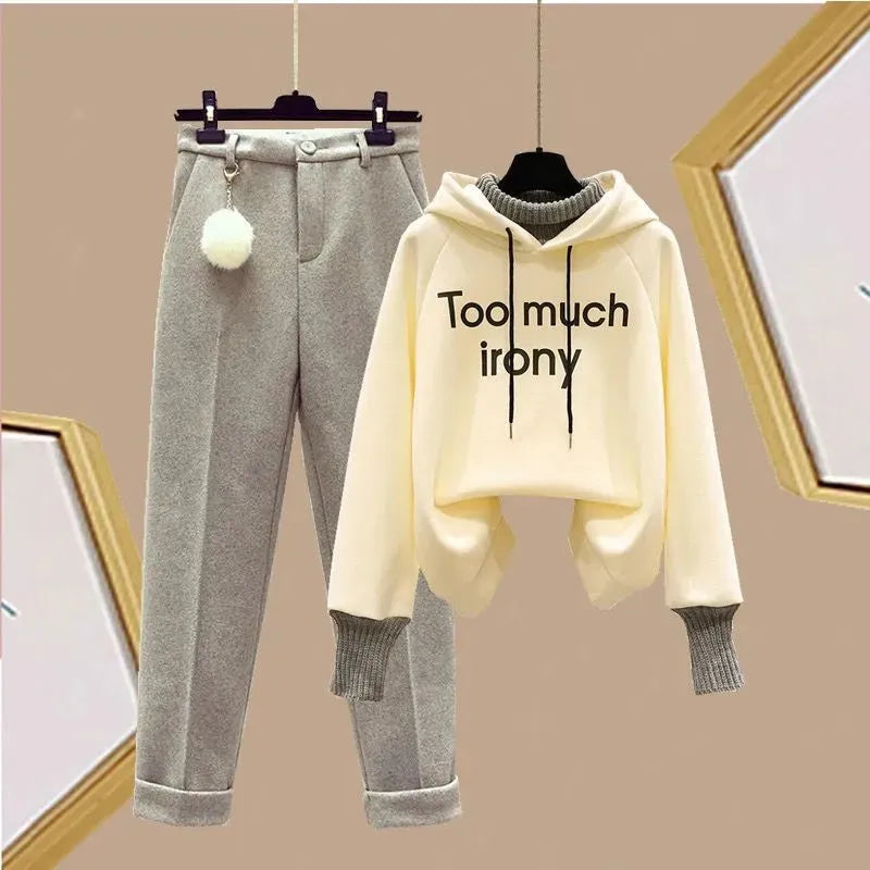 Elegant Women's Pants Set Winter New Korean Thickening Sports Hoodie Casual Cotton Tank Top Flocked Trousers Three Piece two piece set 3