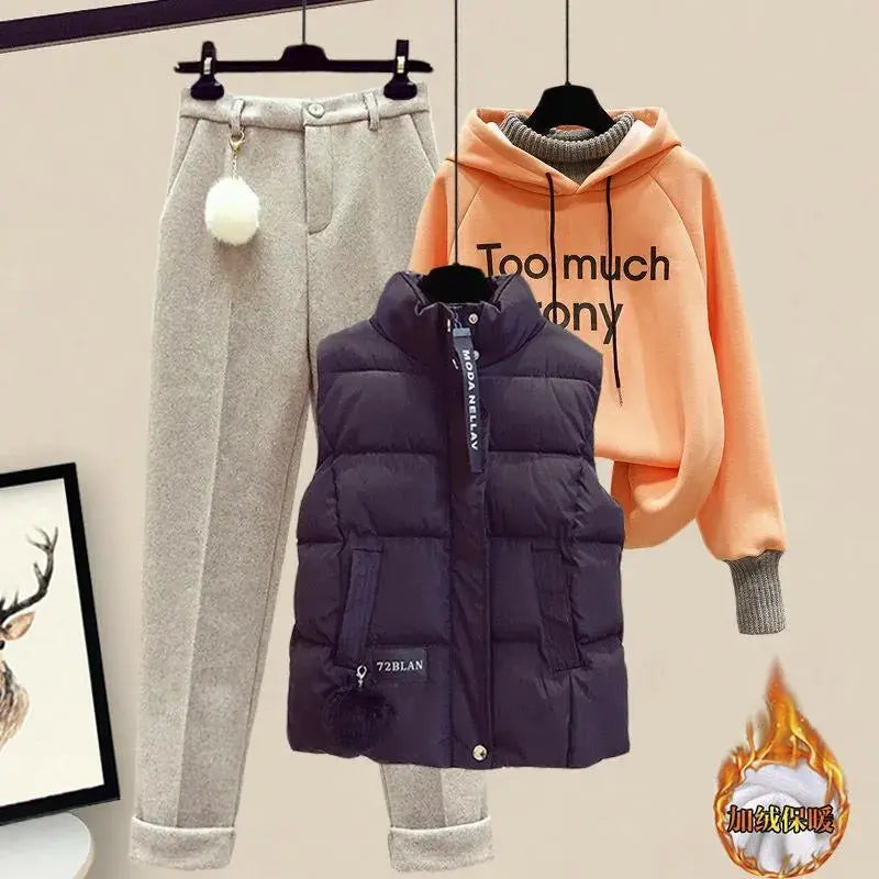 Elegant Women's Pants Set Winter New Korean Thickening Sports Hoodie Casual Cotton Tank Top Flocked Trousers Three Piece three piece set 4