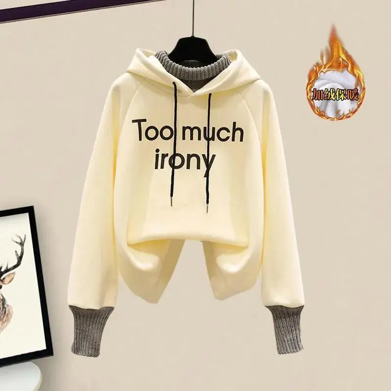 Elegant Women's Pants Set Winter New Korean Thickening Sports Hoodie Casual Cotton Tank Top Flocked Trousers Three Piece apricot hoodie