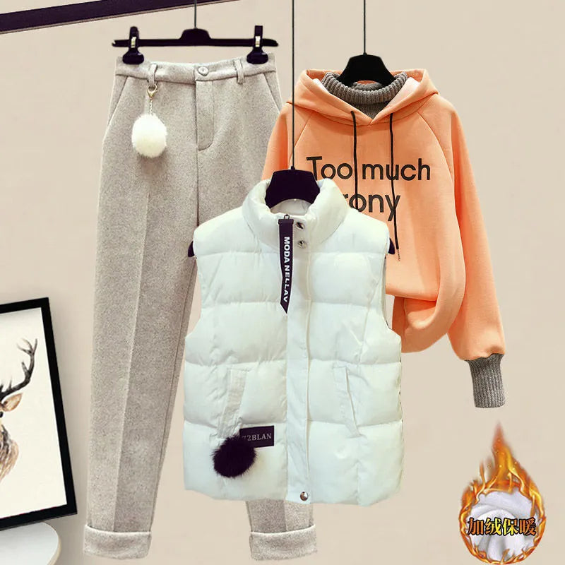 Elegant Women's Pants Set Winter New Korean Thickening Sports Hoodie Casual Cotton Tank Top Flocked Trousers Three Piece three piece set 1