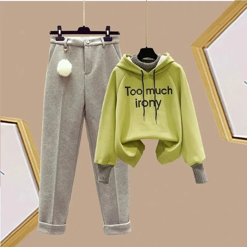 Elegant Women's Pants Set Winter New Korean Thickening Sports Hoodie Casual Cotton Tank Top Flocked Trousers Three Piece two piece set 2