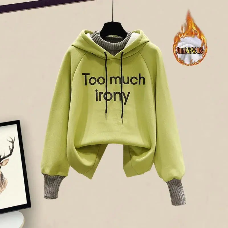 Elegant Women's Pants Set Winter New Korean Thickening Sports Hoodie Casual Cotton Tank Top Flocked Trousers Three Piece green hoodie