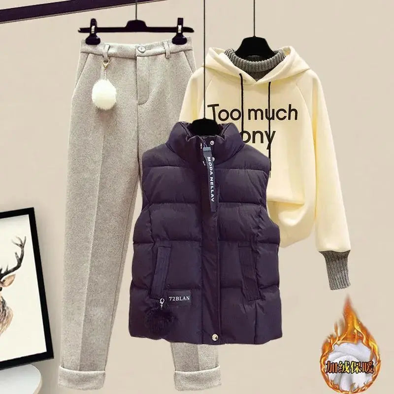 Elegant Women's Pants Set Winter New Korean Thickening Sports Hoodie Casual Cotton Tank Top Flocked Trousers Three Piece three piece set 6