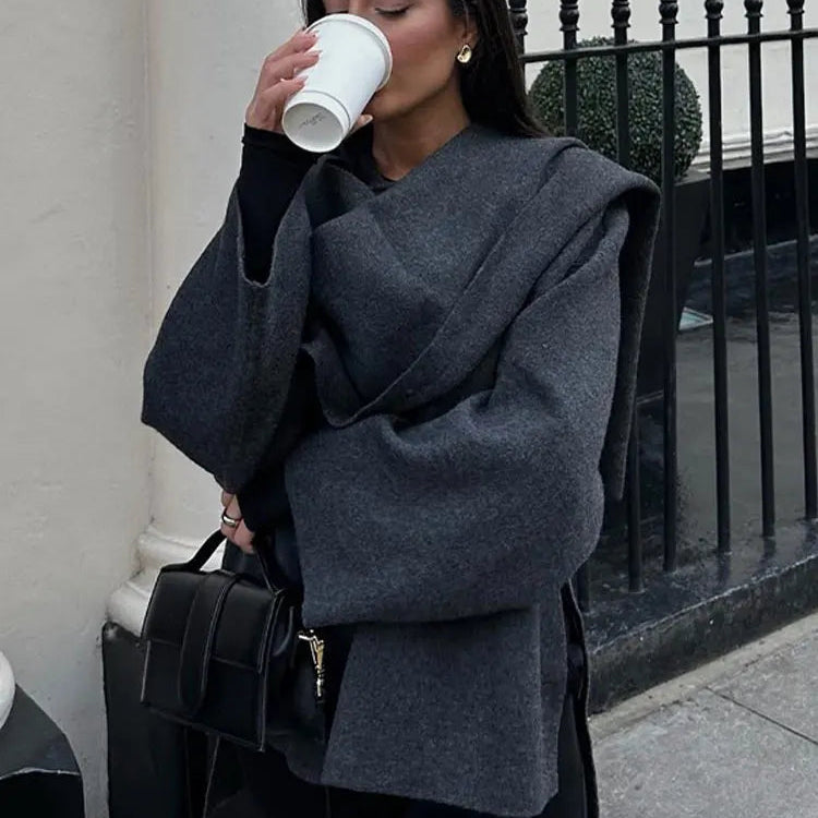 Elegant Woolen Trench Scarf Collar Coat Women Fashion Vintage Windbreakers Jacket Winter Loose Single Breasted Warm Outerwear