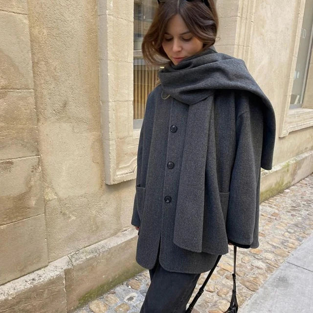 Elegant Woolen Trench Scarf Collar Coat Women Fashion Vintage Windbreakers Jacket Winter Loose Single Breasted Warm Outerwear Gray