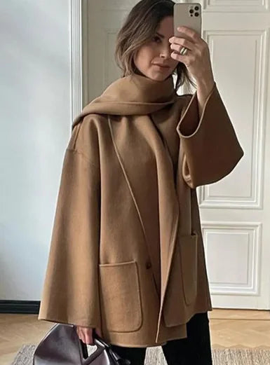 Elegant Woolen Trench Scarf Collar Coat Women Fashion Vintage Windbreakers Jacket Winter Loose Single Breasted Warm Outerwear Coffee