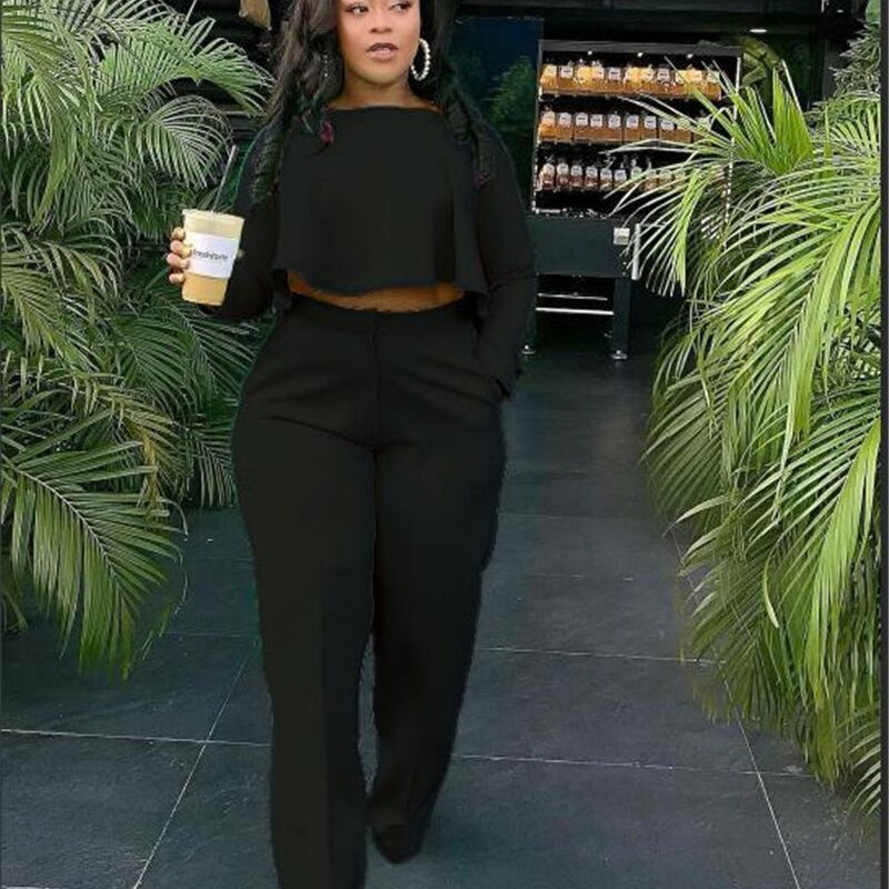 Elegant Work Wear Two Piece Set Fall Clothes for Women Ruffles Crop Top and Wide Leg Pants Suits Matching Sets Sexy Club Outfits Black