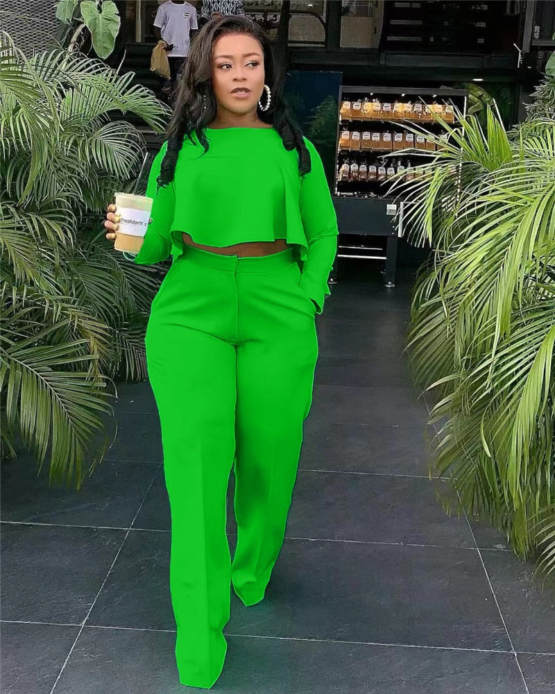 Elegant Work Wear Two Piece Set Fall Clothes for Women Ruffles Crop Top and Wide Leg Pants Suits Matching Sets Sexy Club Outfits Green