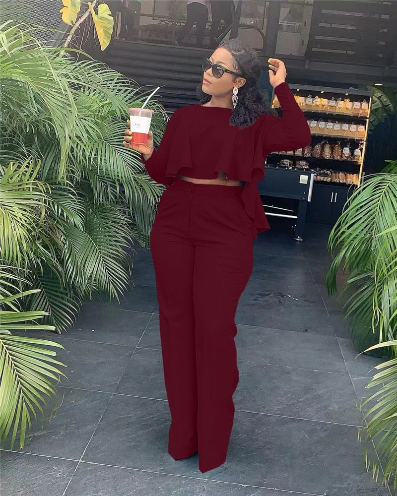 Elegant Work Wear Two Piece Set Fall Clothes for Women Ruffles Crop Top and  Wide Leg Pants Suits Matching Sets Sexy Club Outfits 