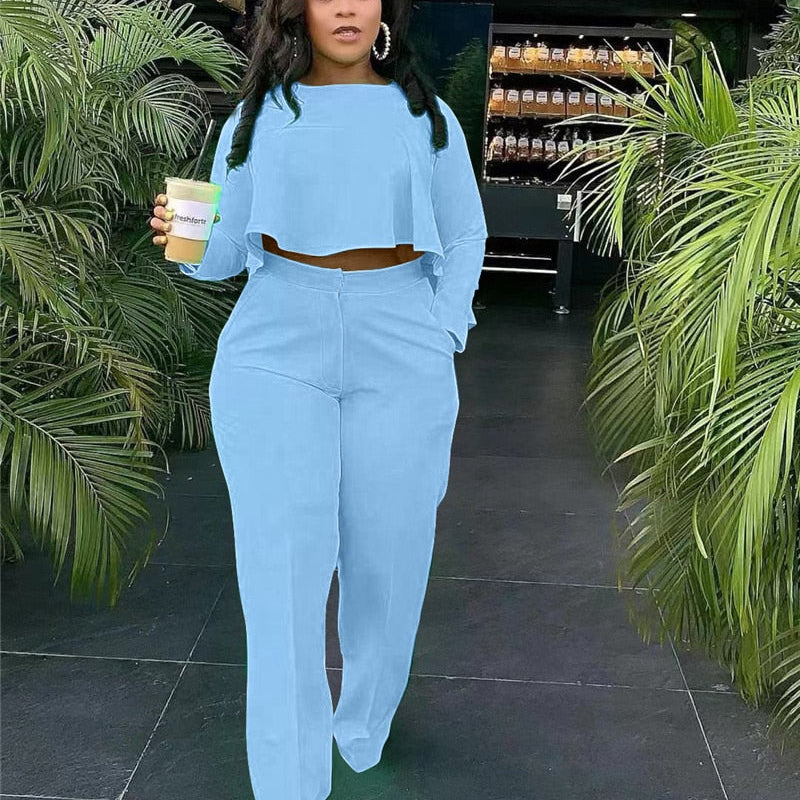 Elegant Work Wear Two Piece Set Fall Clothes for Women Ruffles Crop Top and Wide Leg Pants Suits Matching Sets Sexy Club Outfits Sky Blue