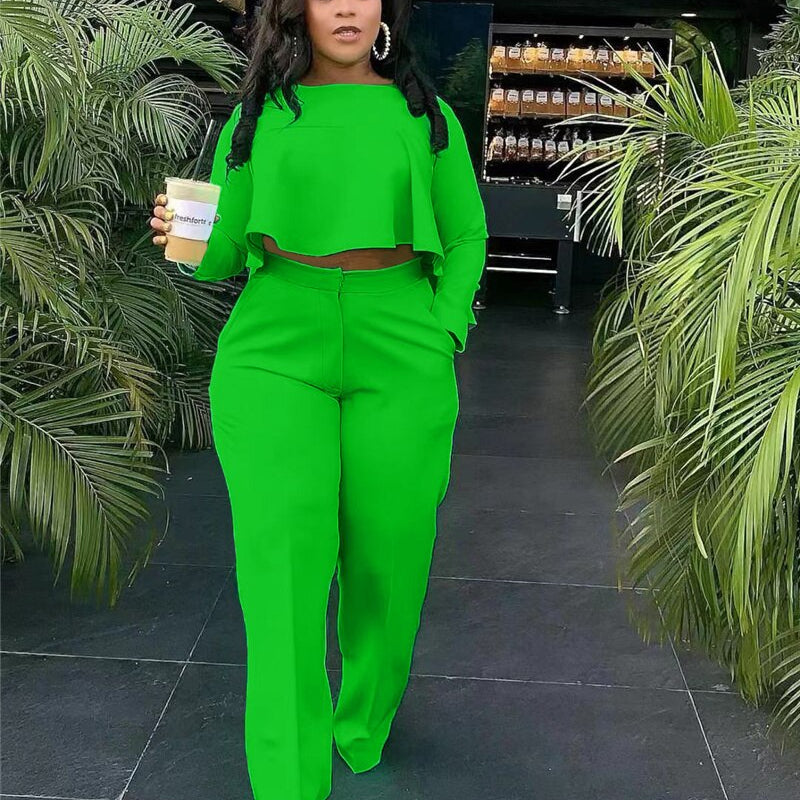 Elegant Work Wear Two Piece Set Fall Clothes for Women Ruffles Crop Top and Wide Leg Pants Suits Matching Sets Sexy Club Outfits