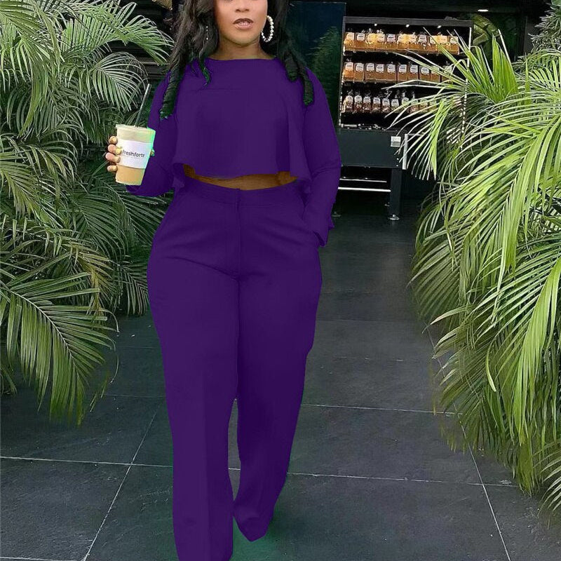 Elegant Work Wear Two Piece Set Fall Clothes for Women Ruffles Crop Top and Wide Leg Pants Suits Matching Sets Sexy Club Outfits Purple