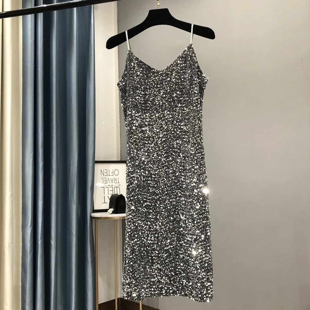 Elegant and Shiny Metal Women Feeling Party Dress Long Birthday 2023 New Winter GRAY