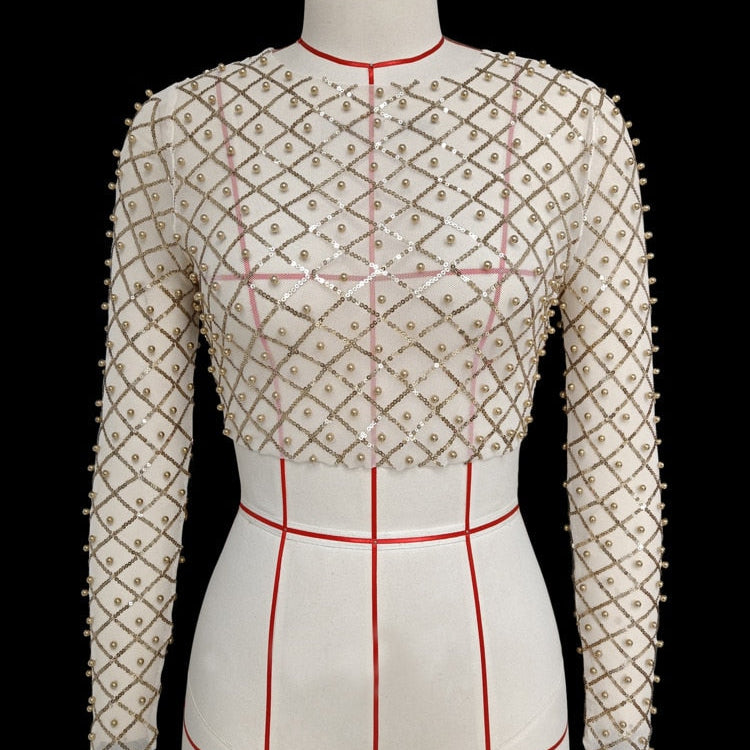 Embroidered Flares Glitter Sexy T-shirt Women O Neck Full Sleeve Crop Top Ladies Mesh Shiny Slim Party T-shirts Tops