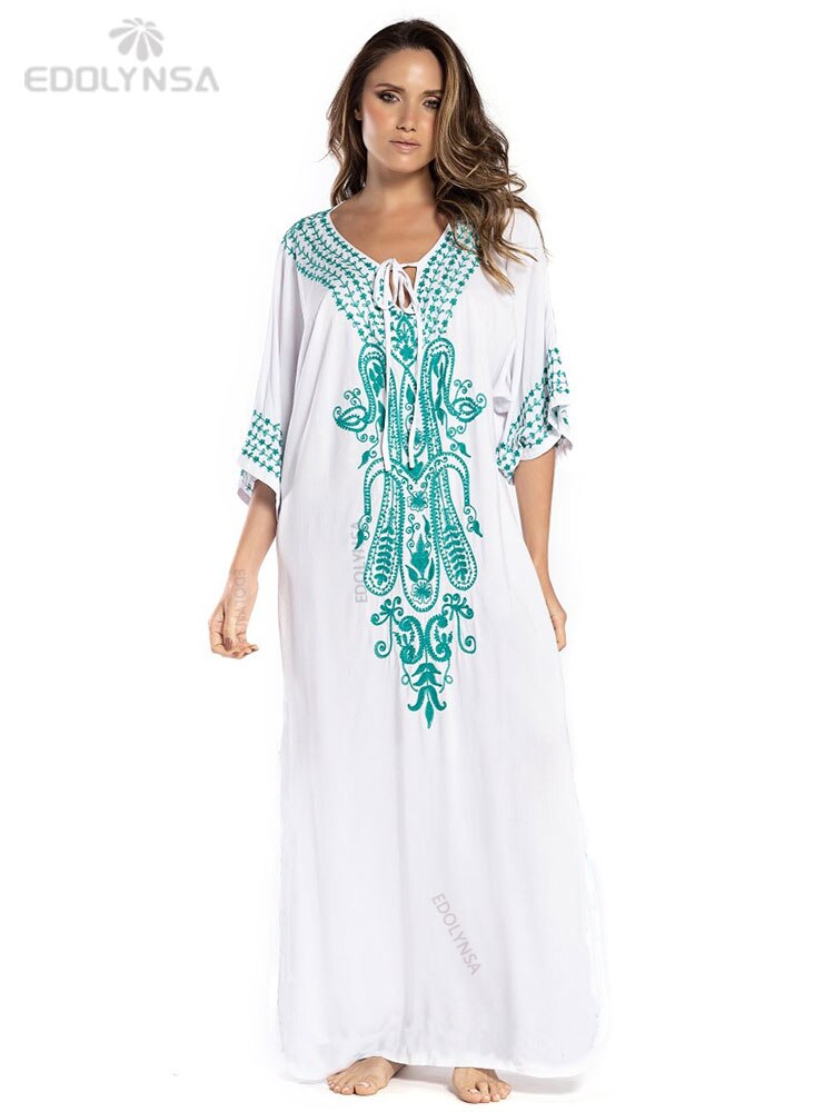 Embroidery Cotton Beach Kaftan Cover up Saida de Praia Swimsuit Bikini cover up Tunics Q775 White-576 One Size
