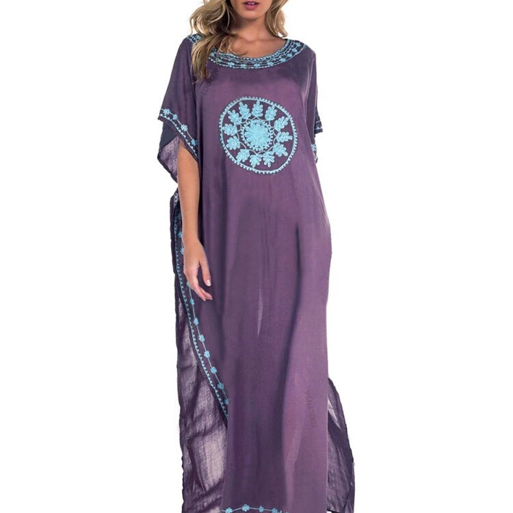 Embroidery Cotton Beach Kaftan Cover up Saida de Praia Swimsuit Bikini cover up Tunics Q643 Purple-576 One Size