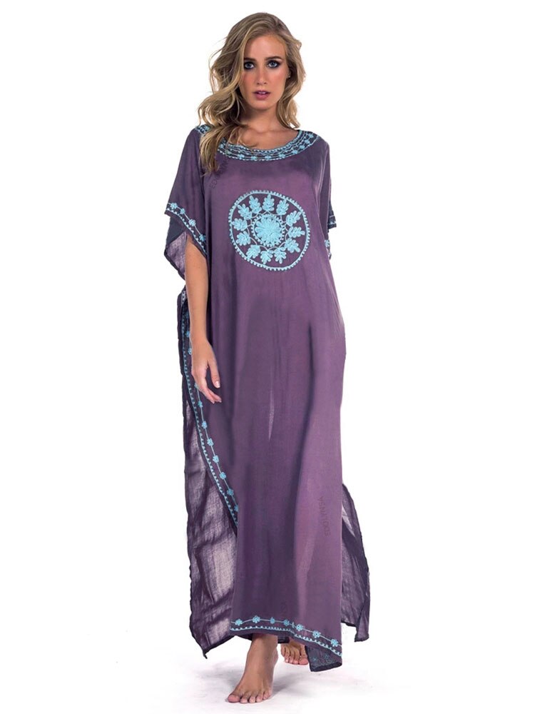 Embroidery Cotton Beach Kaftan Cover up Saida de Praia Swimsuit Bikini cover up Tunics Q643 Purple-576 One Size