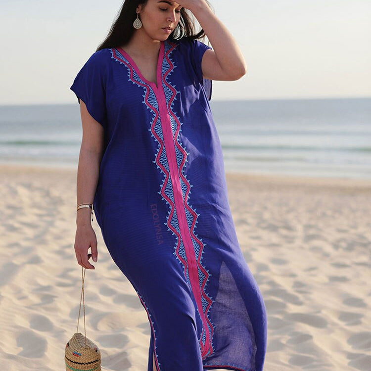 Embroidery Cotton Beach Kaftan Cover up Saida de Praia Swimsuit Bikini cover up Tunics Q836-576 One Size