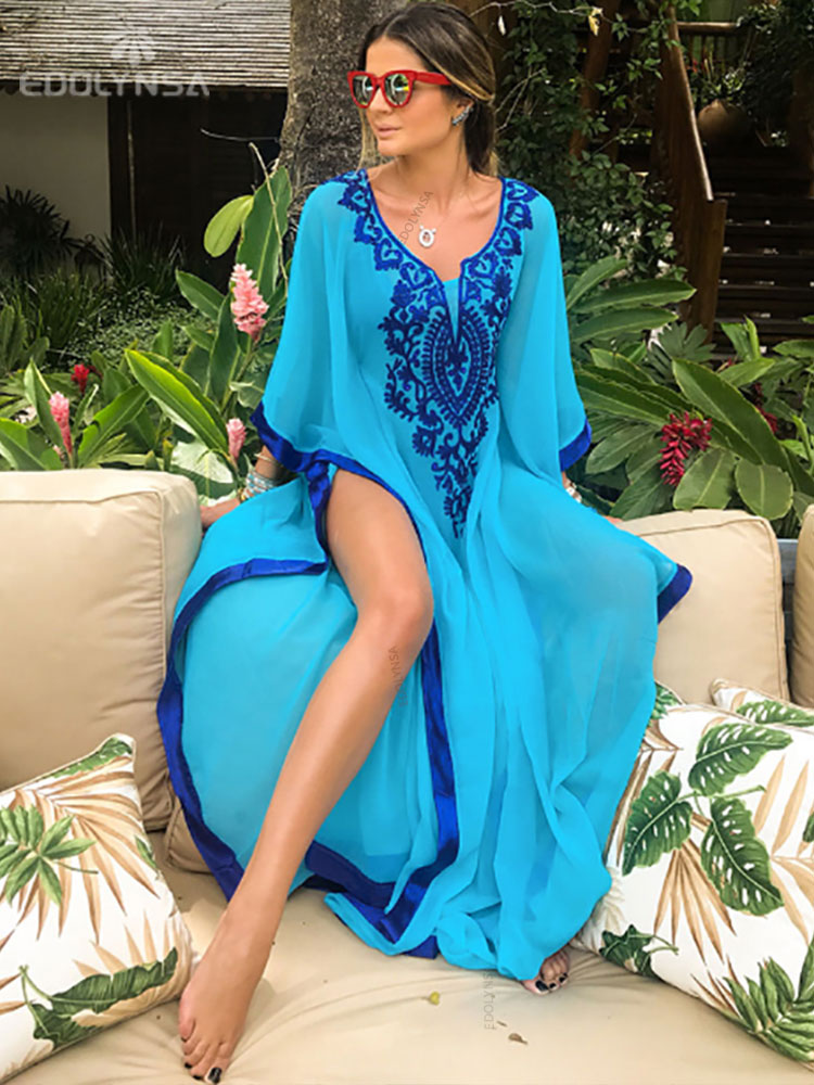 Embroidery Cotton Beach Kaftan Cover up Saida de Praia Swimsuit Bikini cover up Tunics Q746 Blue-576 One Size