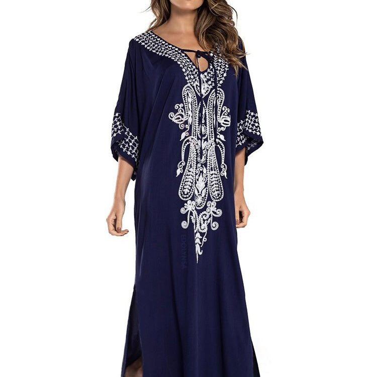Embroidery Cotton Beach Kaftan Cover up Saida de Praia Swimsuit Bikini cover up Tunics Q775 Blue-576 One Size