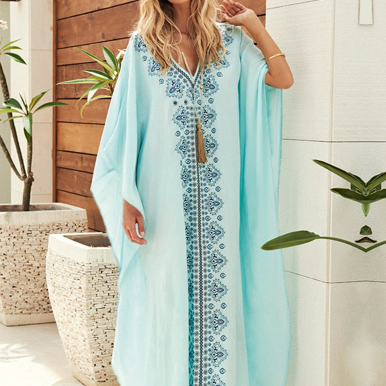 Embroidery Cotton Beach Kaftan Cover up Saida de Praia Swimsuit Bikini cover up Tunics AMAIO