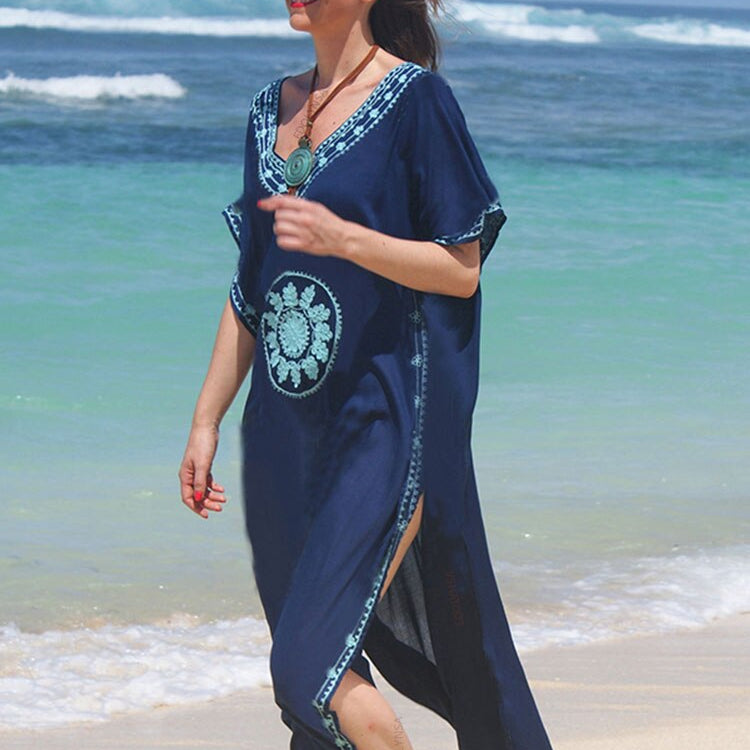 Embroidery Cotton Beach Kaftan Cover up Saida de Praia Swimsuit Bikini cover up Tunics Q643 Blue-576 One Size