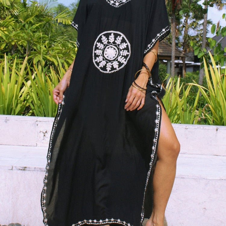 Embroidery Cotton Beach Kaftan Cover up Saida de Praia Swimsuit Bikini cover up Tunics