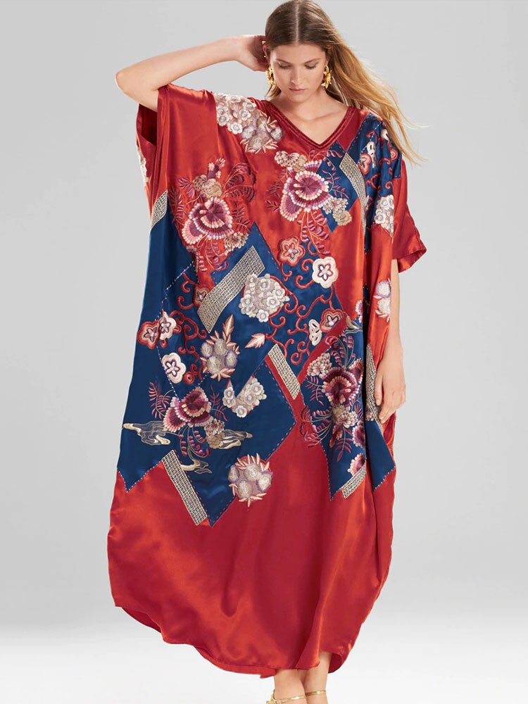 Embroidery Long Kaftan Cover up Saida de Praia Swimsuit Women Bikini Cover-ups Tunics for Beach Pareo Sarong Beachwear Q643 Q1026-643 One Size