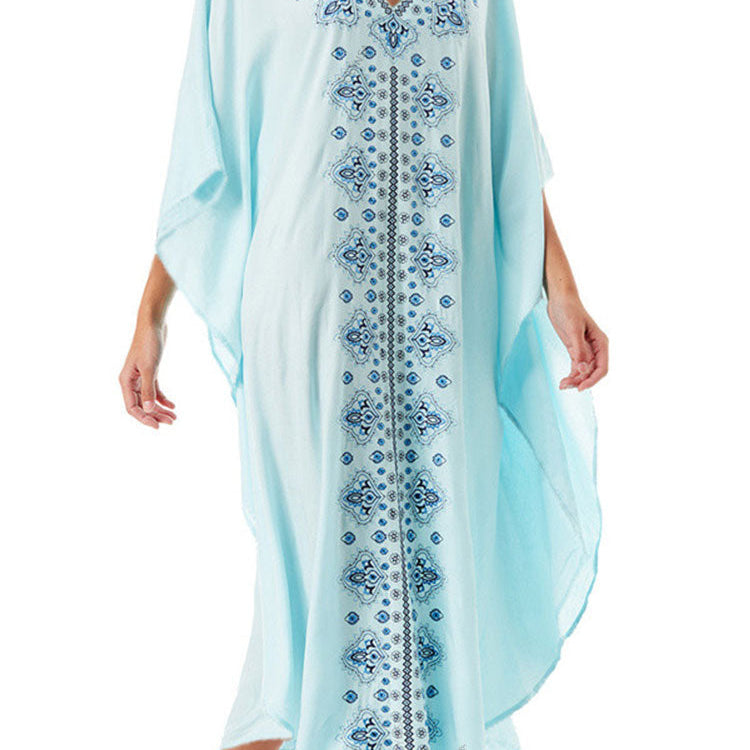 Embroidery Long Kaftan Cover up Saida de Praia Swimsuit Women Bikini Cover-ups Tunics for Beach Pareo Sarong Beachwear Q643 Q576-643 One Size