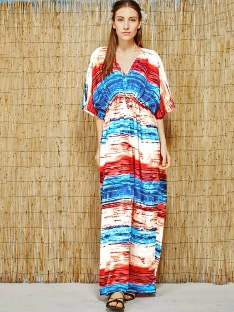 Embroidery Long Kaftan Cover up Saida de Praia Swimsuit Women Bikini Cover-ups Tunics for Beach Pareo Sarong Beachwear Q643 Q246-643 One Size