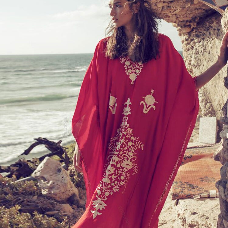 Embroidery Long Kaftan Cover up Saida de Praia Swimsuit Women Bikini Cover-ups Tunics for Beach Pareo Sarong Beachwear Q643 Q855-643 One Size