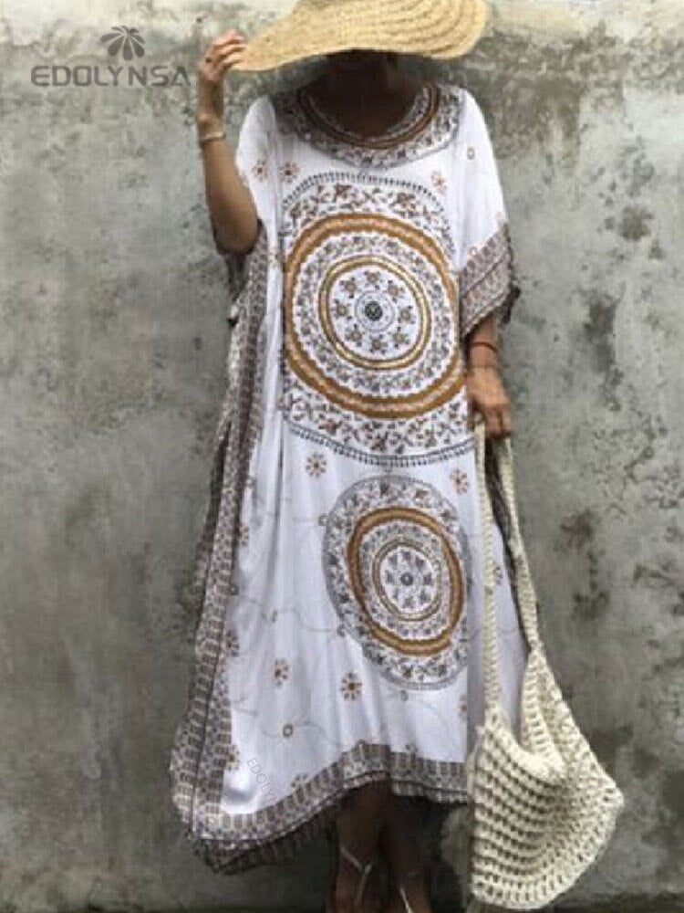 Embroidery Long Kaftan Cover up Saida de Praia Swimsuit Women Bikini Cover-ups Tunics for Beach Pareo Sarong Beachwear Q643 Q393-643 One Size