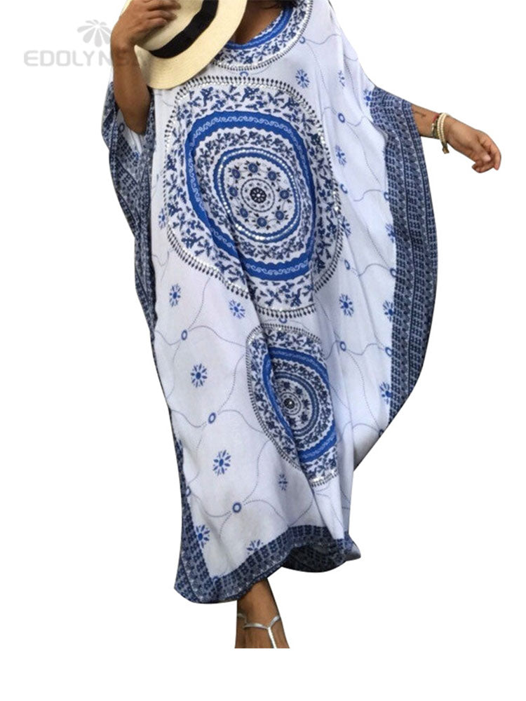 Embroidery Long Kaftan Cover up Saida de Praia Swimsuit Women Bikini Cover-ups Tunics for Beach Pareo Sarong Beachwear Q643 Q394-643 One Size