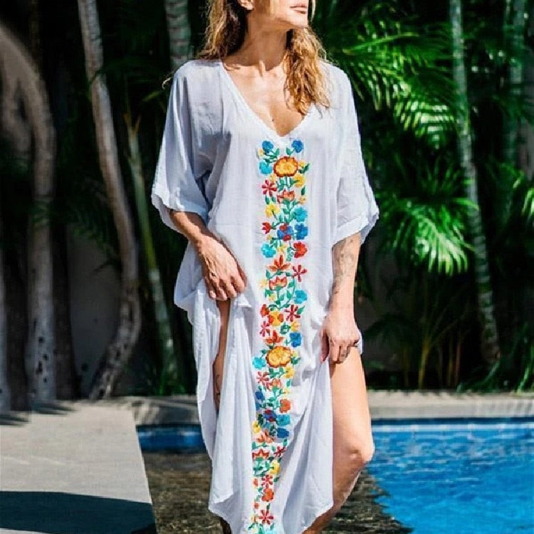 Embroidery Long Kaftan Cover up Saida de Praia Swimsuit Women Bikini Cover-ups Tunics for Beach Pareo Sarong Beachwear Q643 Q616-643 One Size