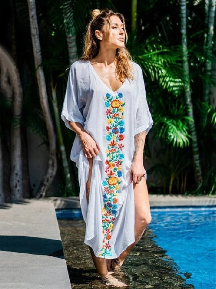 Embroidery Long Kaftan Cover up Saida de Praia Swimsuit Women Bikini Cover-ups Tunics for Beach Pareo Sarong Beachwear Q643 Q616-643 One Size