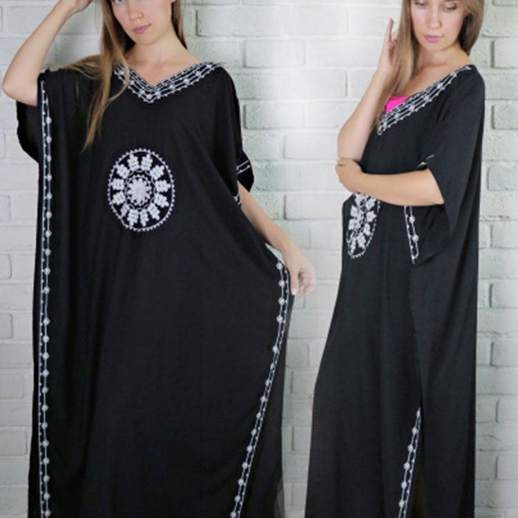 Embroidery Long Kaftan Cover up Saida de Praia Swimsuit Women Bikini Cover-ups Tunics for Beach Pareo Sarong Beachwear Q643