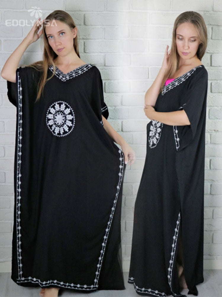 Embroidery Long Kaftan Cover up Saida de Praia Swimsuit Women Bikini Cover-ups Tunics for Beach Pareo Sarong Beachwear Q643