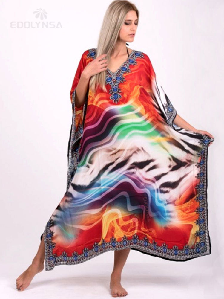 Embroidery Long Kaftan Cover up Saida de Praia Swimsuit Women Bikini Cover-ups Tunics for Beach Pareo Sarong Beachwear Q643 Q841-643 One Size